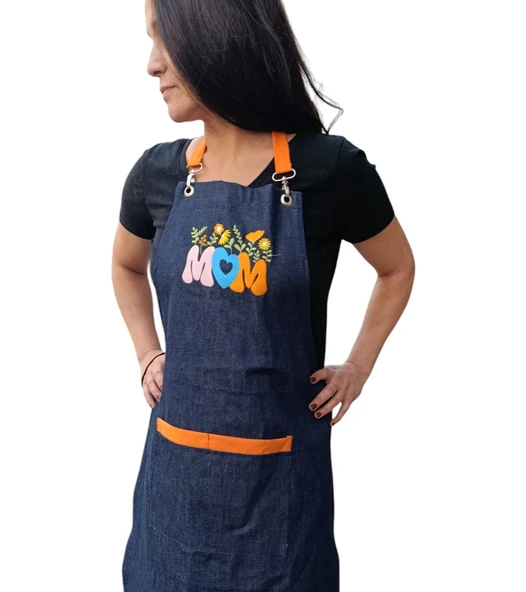 Anneler günü Kim İlkbahar Çiçekleri Nakışlı Keten, Chef Mutfak Önlüğü - 6