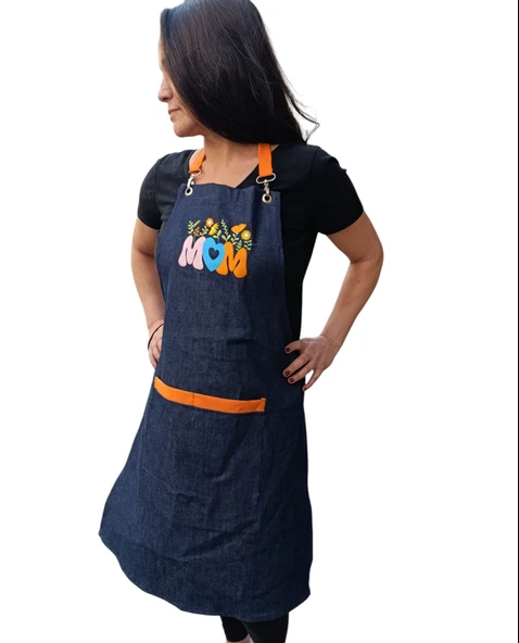 Anneler günü Kim İlkbahar Çiçekleri Nakışlı Keten, Chef Mutfak Önlüğü - 7