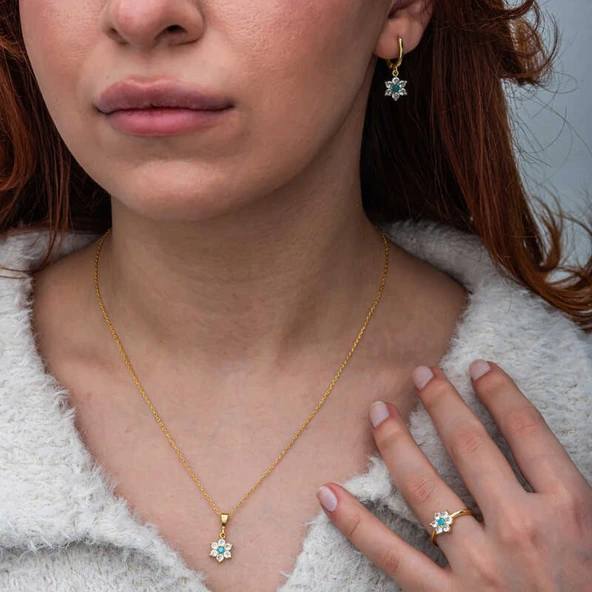 Lucky Life Gümüş Mavi Taşlı Gold Çiçek Kadın Set