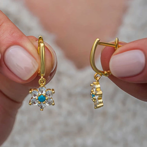 Lucky Life Gümüş Mavi Taşlı Gold Çiçek Kadın Küpe - 2