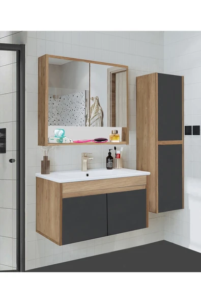 Serena Ea 80 cm Seramik Lavabolu Banyo Dolabı Seti, Boy Dolaplı, Mdf, (80+35) 115 Cm