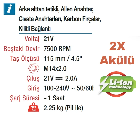 VIDO Profesyonel 115mm Akülü Kömürsüz Motor 21 Volt Lion  Avuç Taşlama Makinesi (WD040520210) - 2