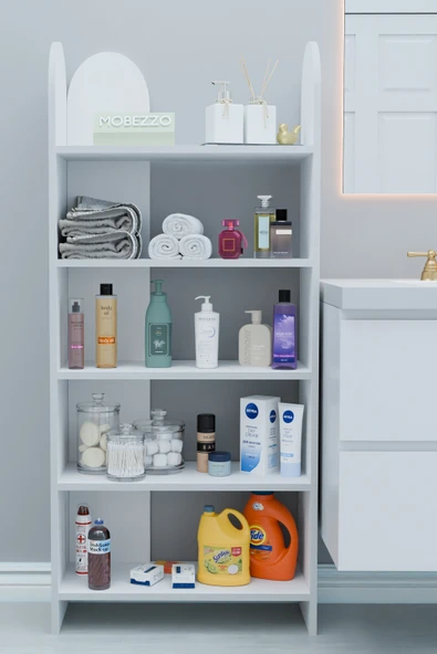 Limnizza 5 Raflı Modern Banyo Düzenleyici Raf Ünitesi Çok Amaçlı Depolama Rafı Havluluk Şampuanlık Dolap Beyaz