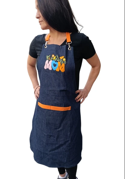 Anneler günü Kim İlkbahar Çiçekleri Nakışlı Keten, Chef Mutfak Önlüğü - 5