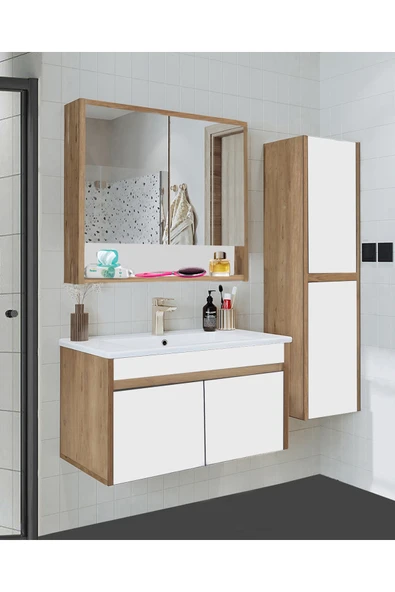 Serena Ea 80 cm Seramik Lavabolu Banyo Dolabı Seti, Boy Dolaplı, Mdf, 80+35 Cm,