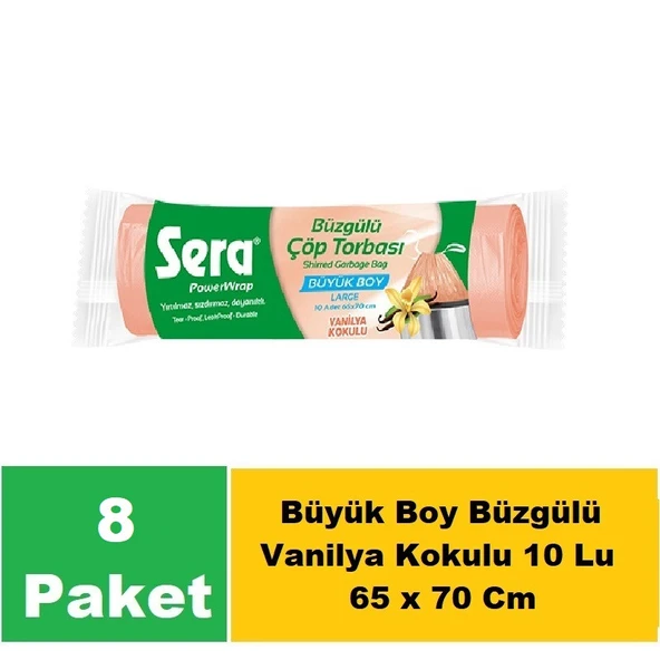 Sera Çöp Torbası Büzgülü Vanilya Kokulu Büyük Boy 10 Lu 65 x 70 Cm x 8 Paket