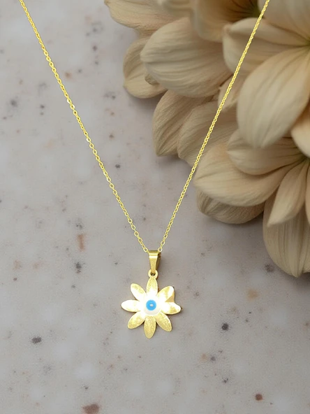 Zarif Çiçek Figürlü Nazar Boncuklu Altın Renk 316L Çelik Kolye - Şans Getiren Tasarım ürün görseli 1