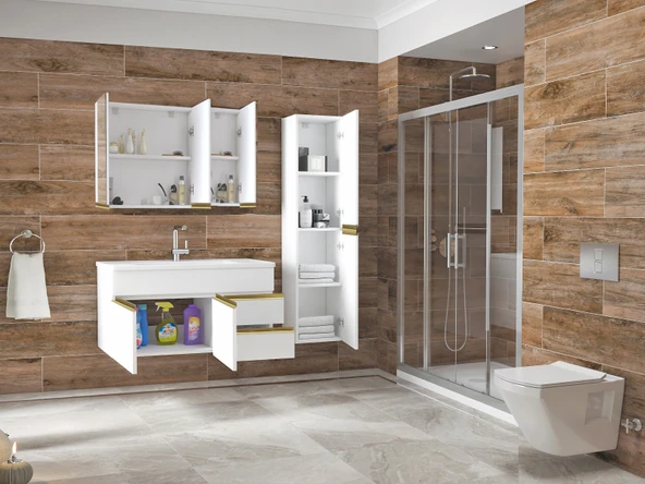 Alfa Banyo Esen Beyaz Gold 100+35 cm Mdf Lavabolu Banyo Dolabı Boy Dolaplı Banyo Lavabo Dolabı - 3