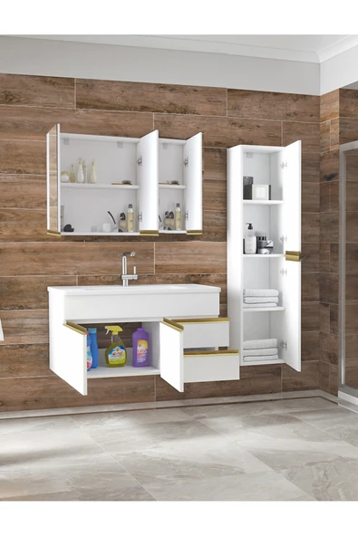 Alfa Banyo Esen Beyaz Gold 100+35 cm Mdf Lavabolu Banyo Dolabı Boy Dolaplı Banyo Lavabo Dolabı - 2