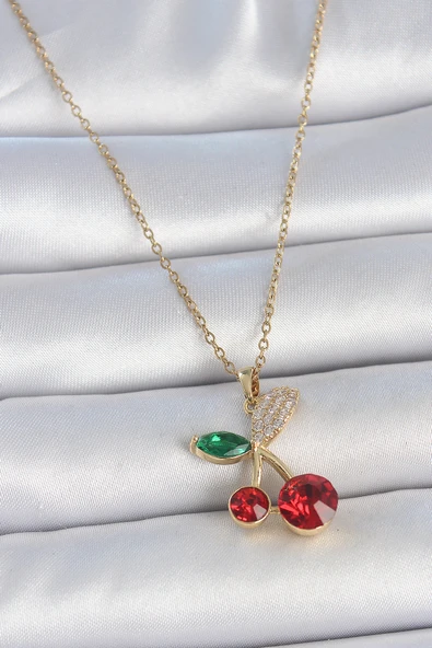 316L Çelik Gold Renk Kırmızı Zirkon Taşlı Kiraz Model Kadın Kolye - TJ-BKO10033
