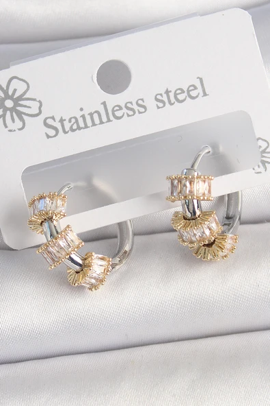 Pirinç Gümüş Renk Halka Gold Zirkon Taşlı Model Kadın Küpe - TJ-BKP10457