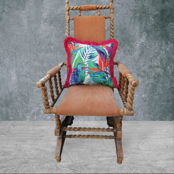 Tropikal Çift Taraflı Dekoratif Püsküllü - Saçaklı Kırlent Kılıfı 1 Adet 43x43cm