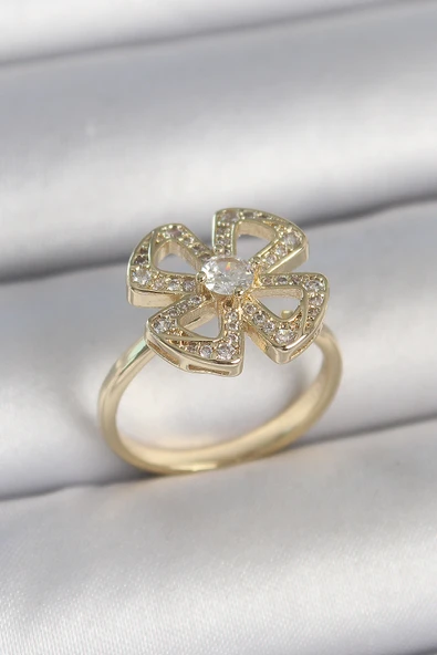 Pirinç Gold Renk Zirkon Taşlı Yonca Model Ayarlanabilir Kadın Yüzük - TJ-BYK3719