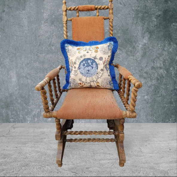 Astroloji Çift Taraflı Dekoratif Püsküllü - Saçaklı Kırlent Kılıfı 1 Adet 43x43cm - Resim 2