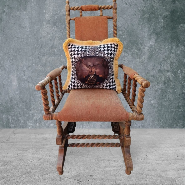 Geyik Çift Taraflı Dekoratif Püsküllü - Saçaklı Kırlent Kılıfı 1 Adet 43x43cm - Resim 2