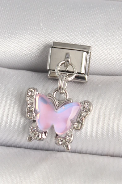 316L Çelik Gümüş Renk Zirkon Taşlı Pembe Kelebek Model Nomination Charm - TJ-BC1325