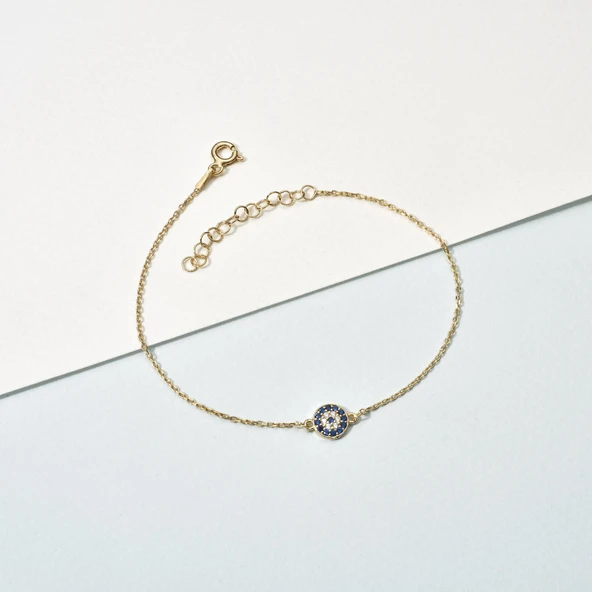 14 Ayar Altın Kaplama Minimal NazarlıK Gümüş Bileklik - CBS00120 - Resim 3