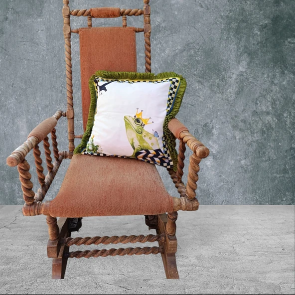 Kurbağa Çift Taraflı Dekoratif Püsküllü - Saçaklı Kırlent Kılıfı 1 Adet 43x43cm