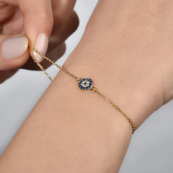 14 Ayar Altın Kaplama Minimal NazarlıK Gümüş Bileklik - CBS00120 - Resim 2