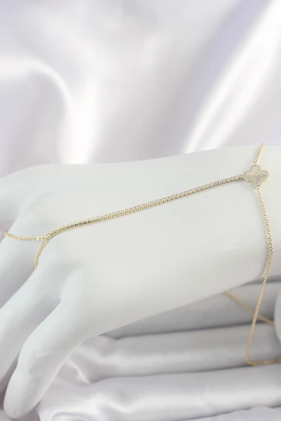Pirinç Gold Renk Su Yolu Zirkon Taşlı Yonca Model Kadın Şahmeran - TJ-SN627