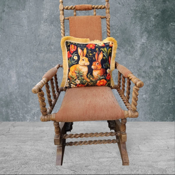 Tavşan Çift Taraflı Dekoratif Püsküllü - Saçaklı Kırlent Kılıfı 1 Adet 43x43cm