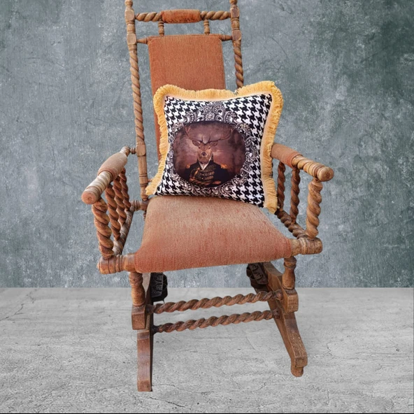 Geyik Çift Taraflı Dekoratif Püsküllü - Saçaklı Kırlent Kılıfı 1 Adet 43x43cm