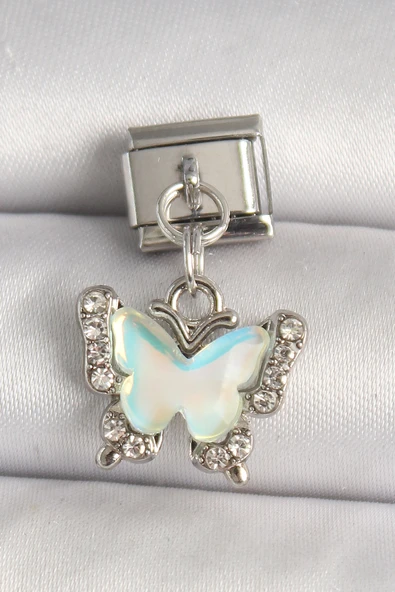 316L Çelik Gümüş Renk Zirkon Taşlı Sarı Mineli Kelebek Model Nomination Charm - TJ-BC1324