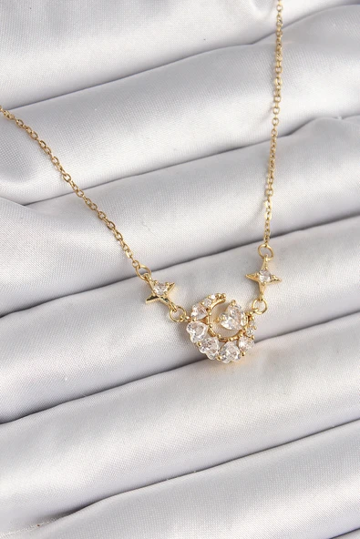 316L Çelik Gold Renk Zirkon Taşlı Hilal Kalp Model Kadın Kolye - TJ-BKO9931