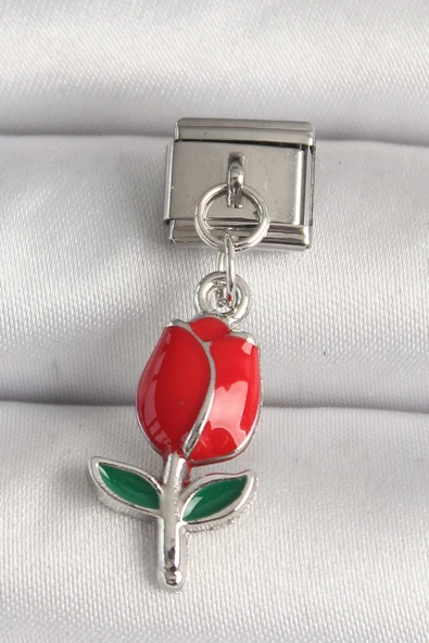 316L Çelik Gümüş Renk Kırmızı Gül Model Nomination Charm - TJ-BC1213
