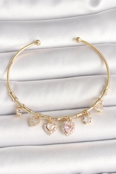 Pirinç Gold Renk Sallantı Pembe Zirkon Taşlı Kalp Figür Charm Kadın Bileklik - TJ-BB6888