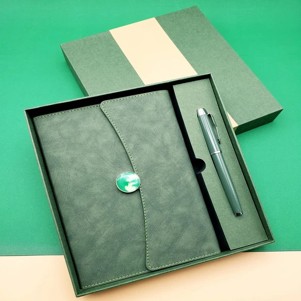 Özel Kutulu Deri Defter Ve Roller Kalem Seti Yeşil