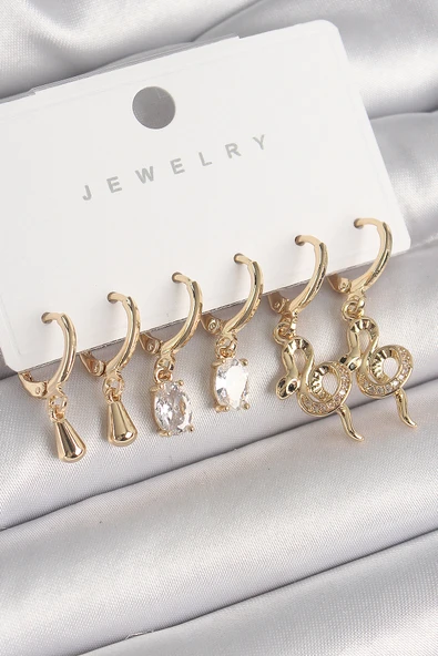 Pirinç Gold Renk Sallantı Zirkon Taşlı Yılan Model Kadın Küpe Seti - TJ-BKP10296