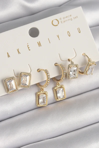 Pirinç Gold Renk Sallantı Kare Zirkon Taşlı VIP Seri Kadın Küpe Seti - TJ-BKP10214
