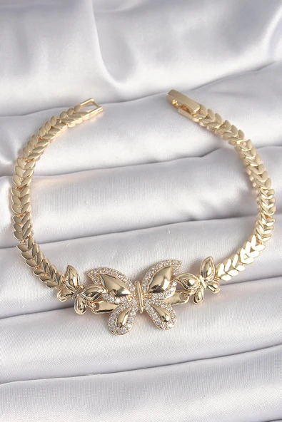Pirinç Gold Renk Zirkon Taşlı Kelebek Model Kadın Bileklik - TJ-BB6814