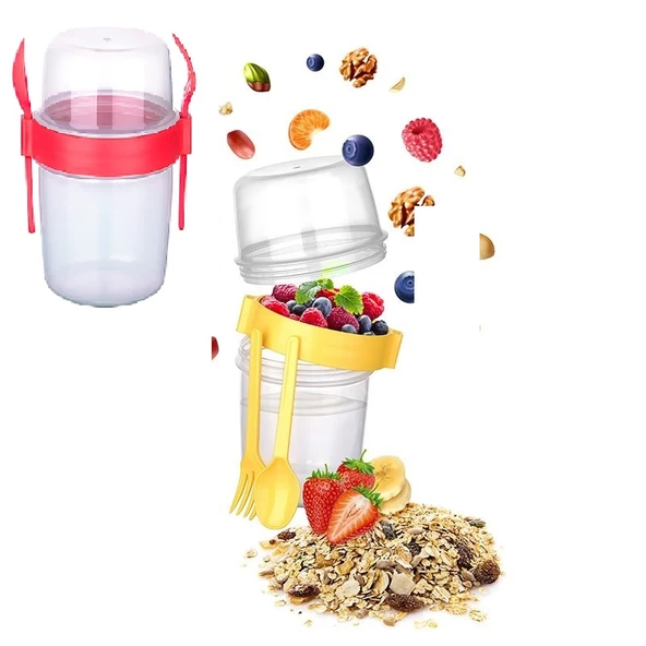 Çift Hazneli - Çatal Kaşıklı Portatif Müsli -Atıştırmalık Kabı 800 ML (368368)