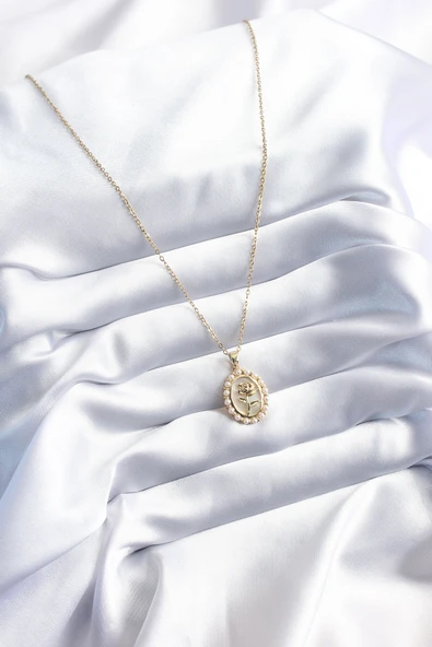316L Çelik Gold Renk Gül Model İnci Detay Kadın Kolye - TJ-BKO8094 - 2