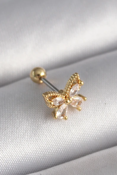 316L Çelik Gold Renk Zirkon Taşlı Kelebek Tragus Piercing - TJ-PR1232