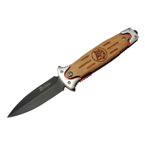 FS 11033 Kahverengi Kurtarma / Kamp Çakısı 20cm - Yarı Otomatik, Kurt İşlemeli Ahşap Sap