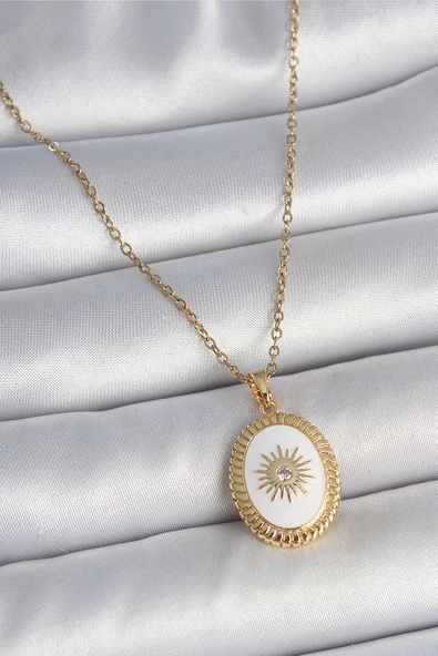316L Çelik Gold Renk Zincir Beyaz Mineli Güneş İşlemeli Zirkon Taş Detaylı Madalyon Model Kadın Kolye - TJ-BKO10055