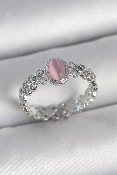 Pirinç Gümüş Renk Zirkon Taş Detaylı Pembe Mineli Damla Model Ayarlanabilir Kadın Yüzük - TJ-BYK3724