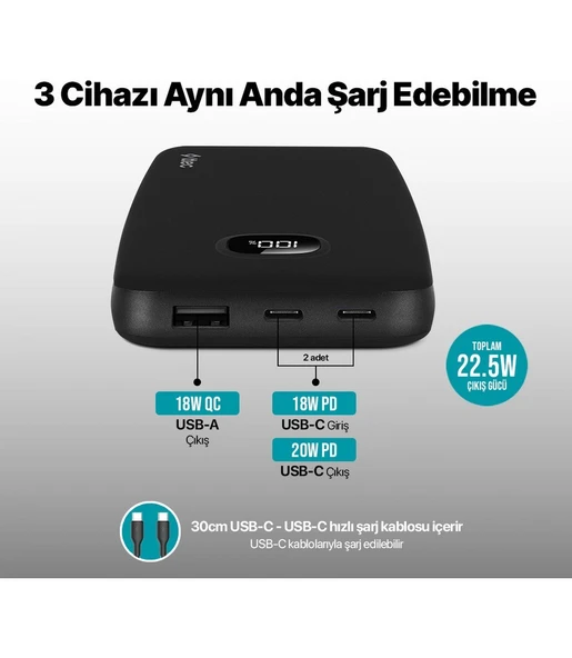 Ttec Chargeup Pro LCD 10.000MAH Pd 20W Taşınabilir Hızlı Şarj Aleti / Powerbank - 3