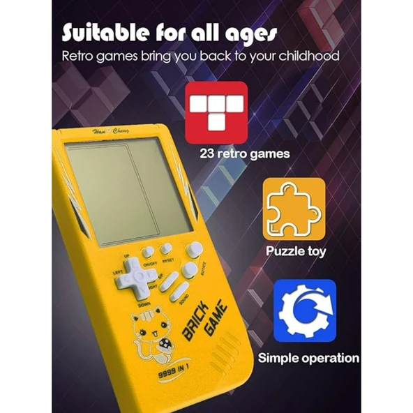 Ozmik Tuğla Oyun Konsolu 23 Bulmaca Oyunu Dahili, 3.5 inç LCD Mini Taşınabilir Atari Sarı - 2