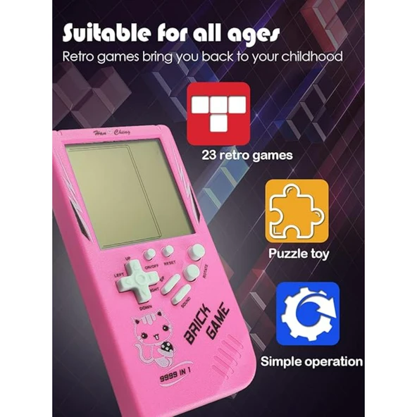 Ozmik Tuğla Oyun Konsolu 23 Bulmaca Oyunu Dahili, 3.5 inç LCD Mini Taşınabilir Atari pembe - 3
