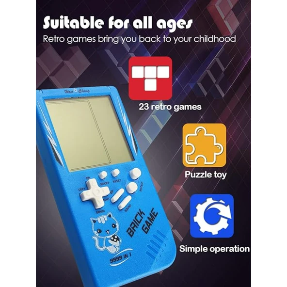Ozmik Tuğla Oyun Konsolu 23 Bulmaca Oyunu Dahili, 3.5 inç LCD Mini Taşınabilir Atari Mavi - 7