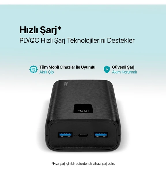 Ttec PowerSlim Trio LCD 20.000mAh PD 22,5W Dahili Kablolu Taşınabilir Şarj Aleti / Powerbank - Resim 2