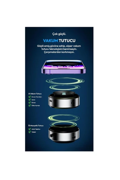 Ozmik Süper Manyetik Elektrikli Vakumlu Araç İçi Telefon Tutucu, Masaüstü, Duvar, Ayna, Uyumlu - 3