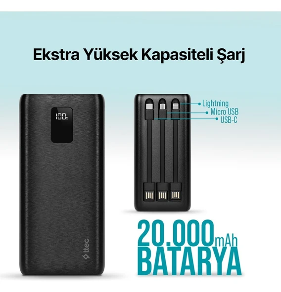 Ttec PowerSlim Trio LCD 20.000mAh PD 22,5W Dahili Kablolu Taşınabilir Şarj Aleti / Powerbank - Resim 4