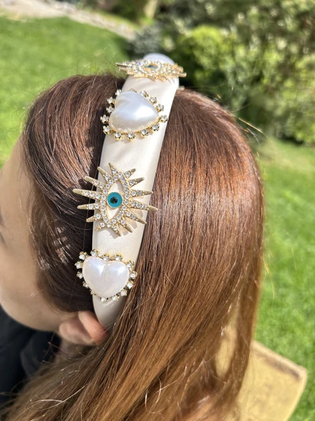 Abiye Kadın Mezuniyet Kına Saten Taşlı İthal Parlak İnci Kalp Şık Taç Saç Aksesuarı - Resim 3