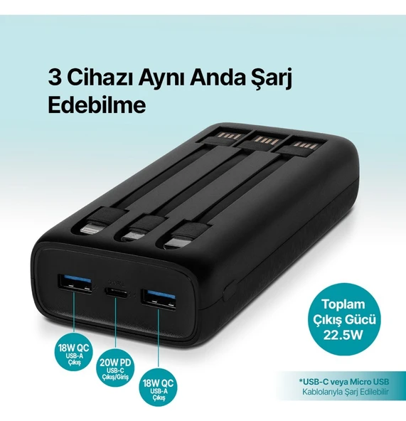 Ttec PowerSlim Trio LCD 20.000mAh PD 22,5W Dahili Kablolu Taşınabilir Şarj Aleti / Powerbank - Resim 3