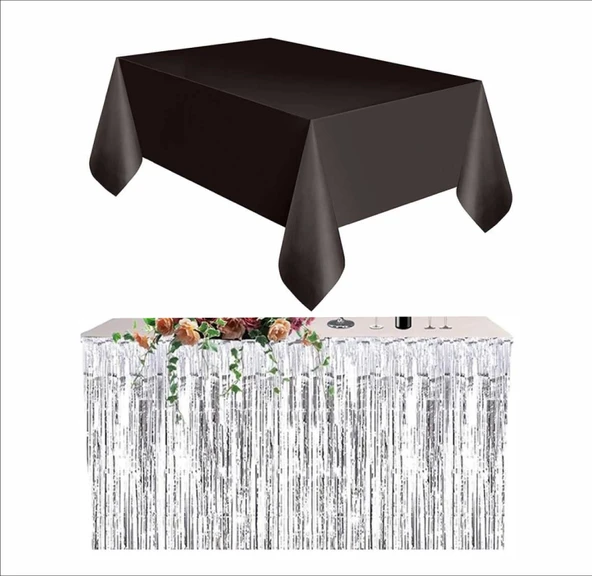 SİYAH MASA ÖRTÜSÜ VE GRİ MASA ETEĞİ ürün görseli
